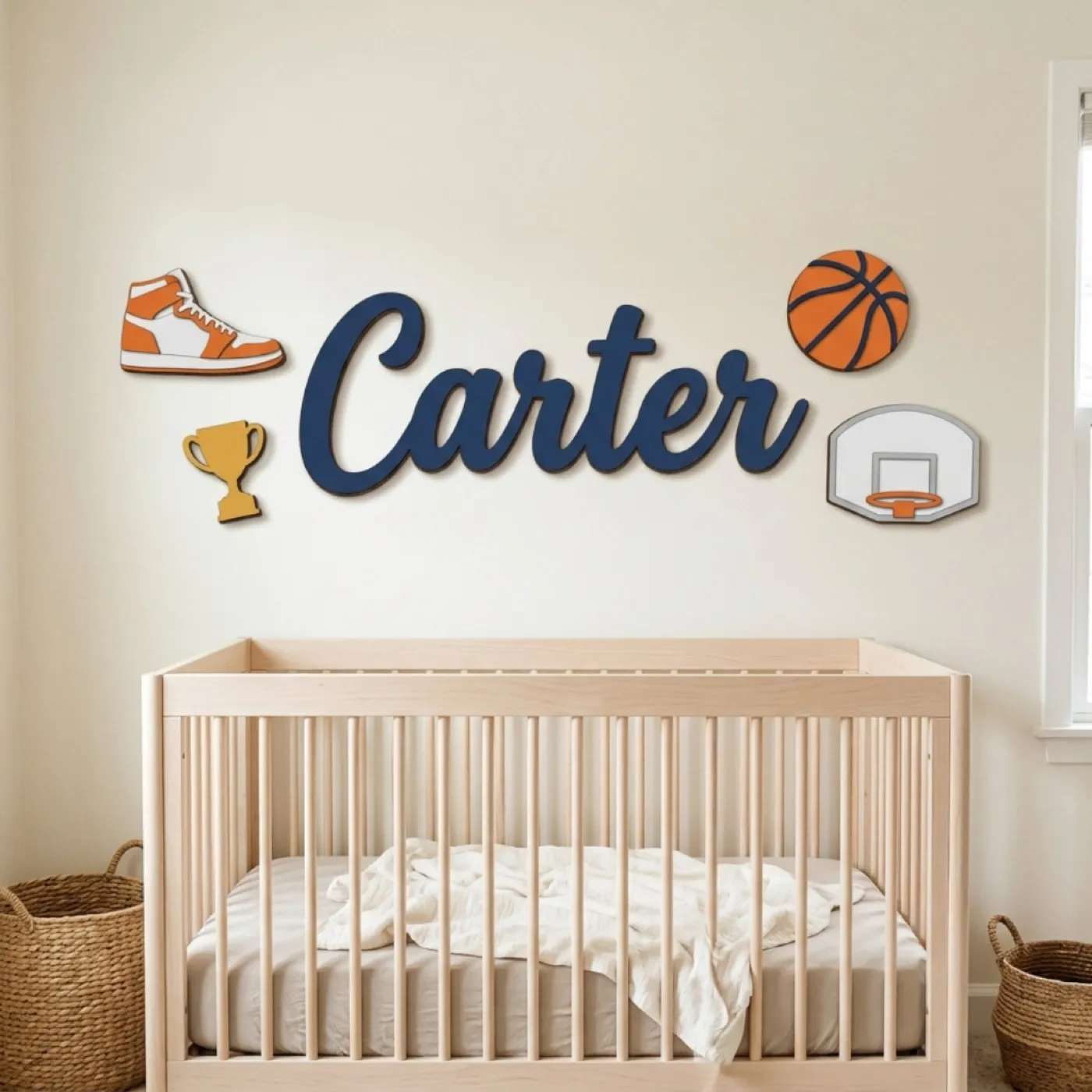 Basketball name sign with the name Carter above a crib