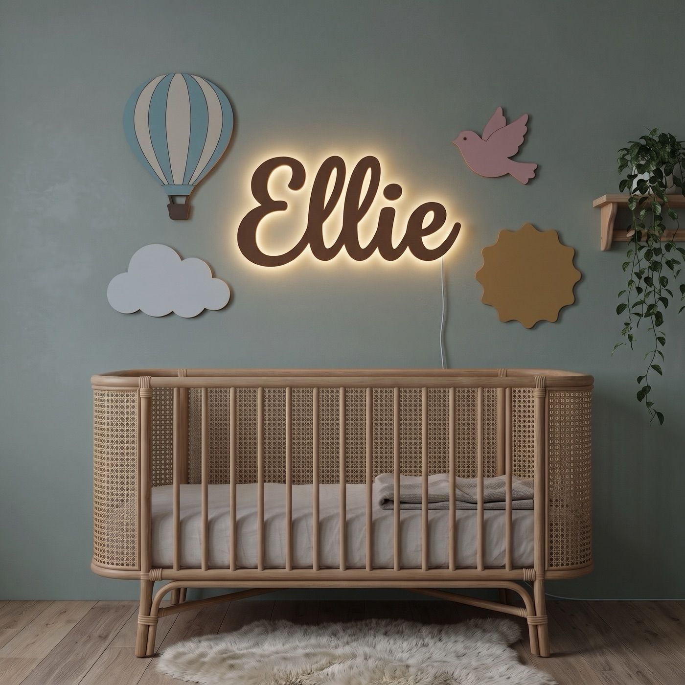 Hot Air Balloon sign with the name Ellie: with the backlight on