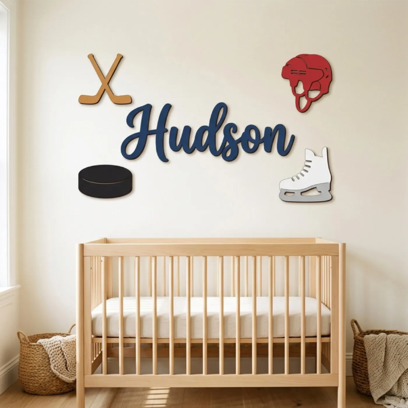 Hockey name sign with the name Hudson above a crib