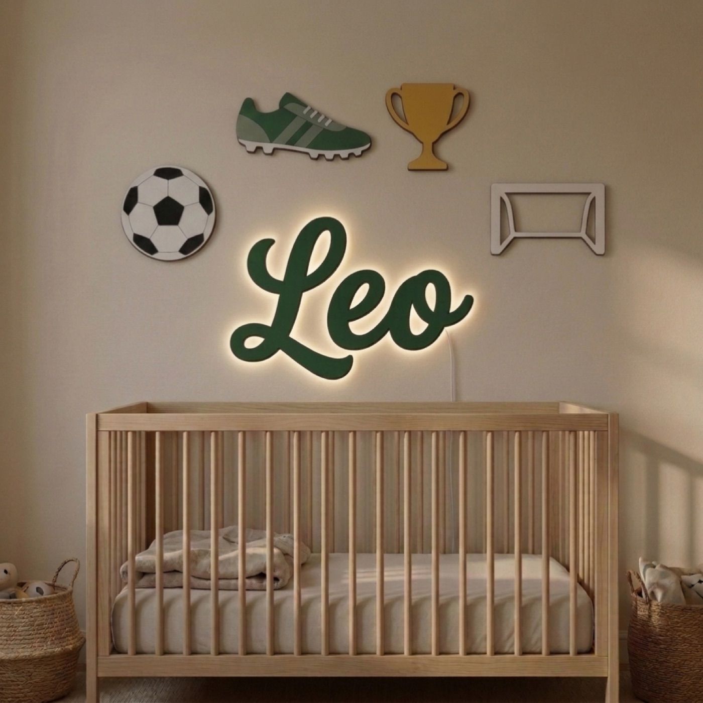 Soccer sign with the name Leo: with the backlight on