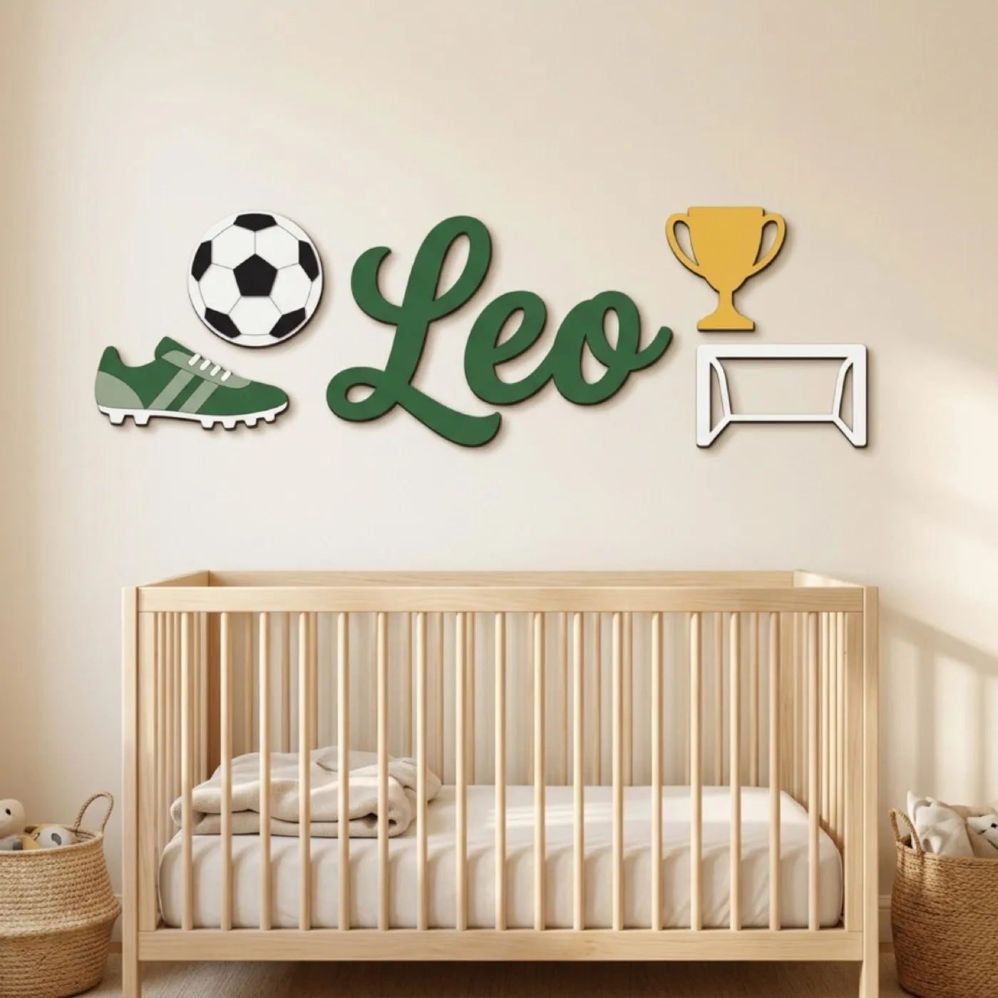 Soccer name sign with the name Leo above a crib