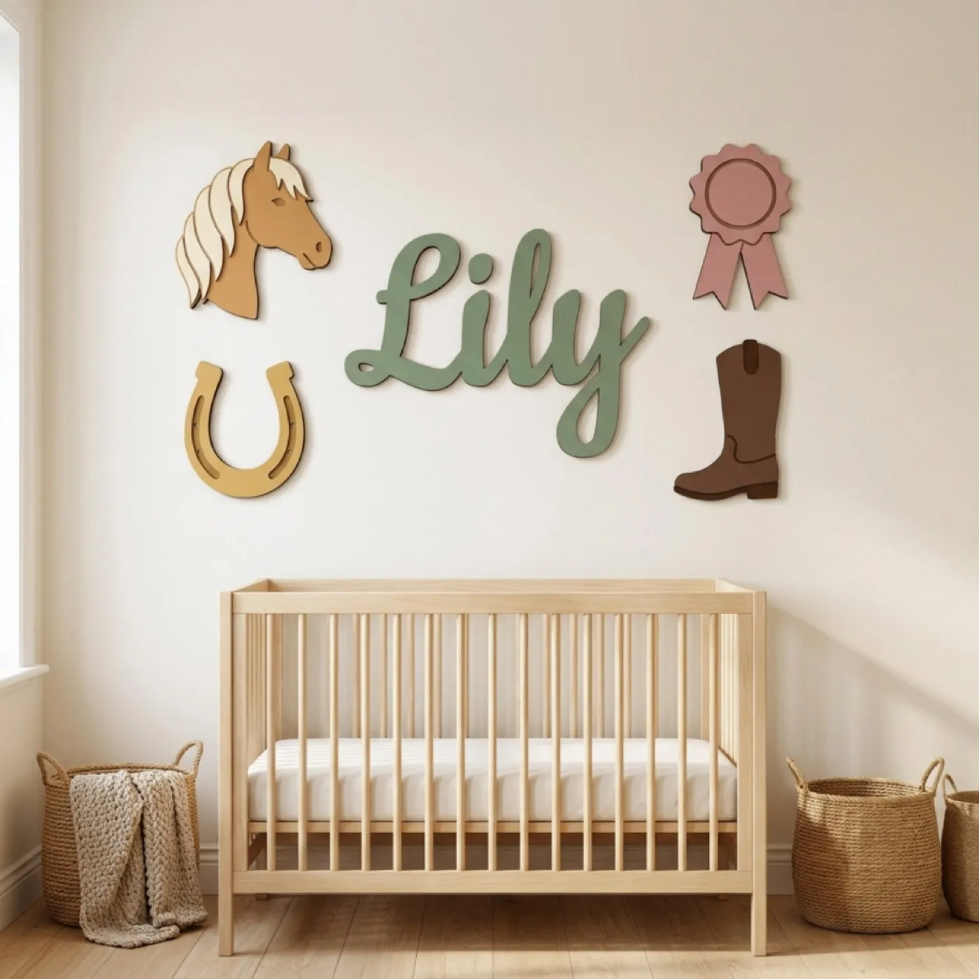 Horse & Ribbons name sign with the name Lily above a crib