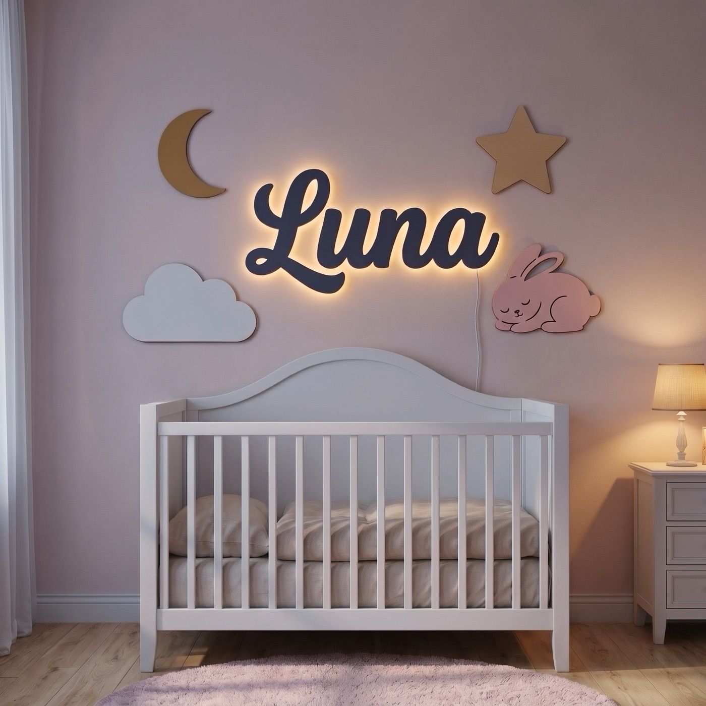 Moon & Stars sign with the name Luna: with the backlight on