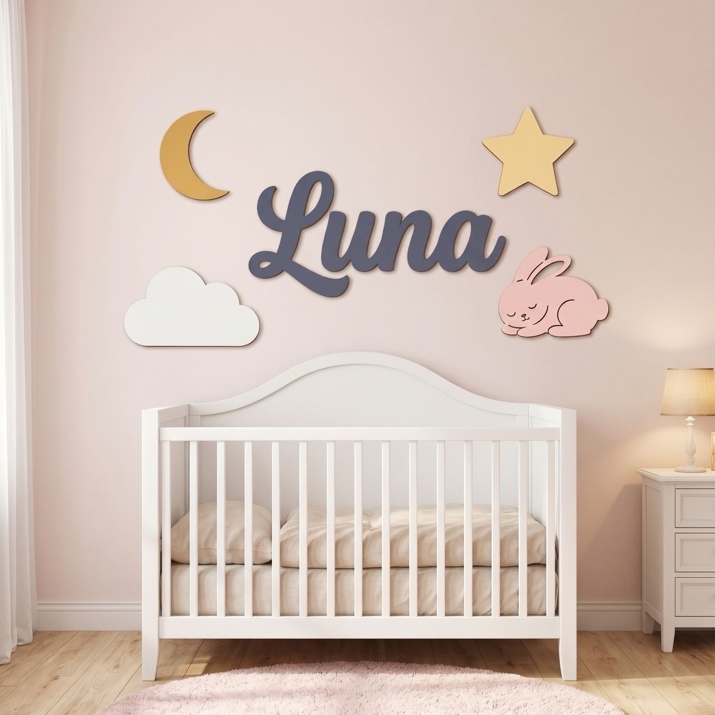 Moon & Stars sign with the name Luna: in the nursery (rendering)