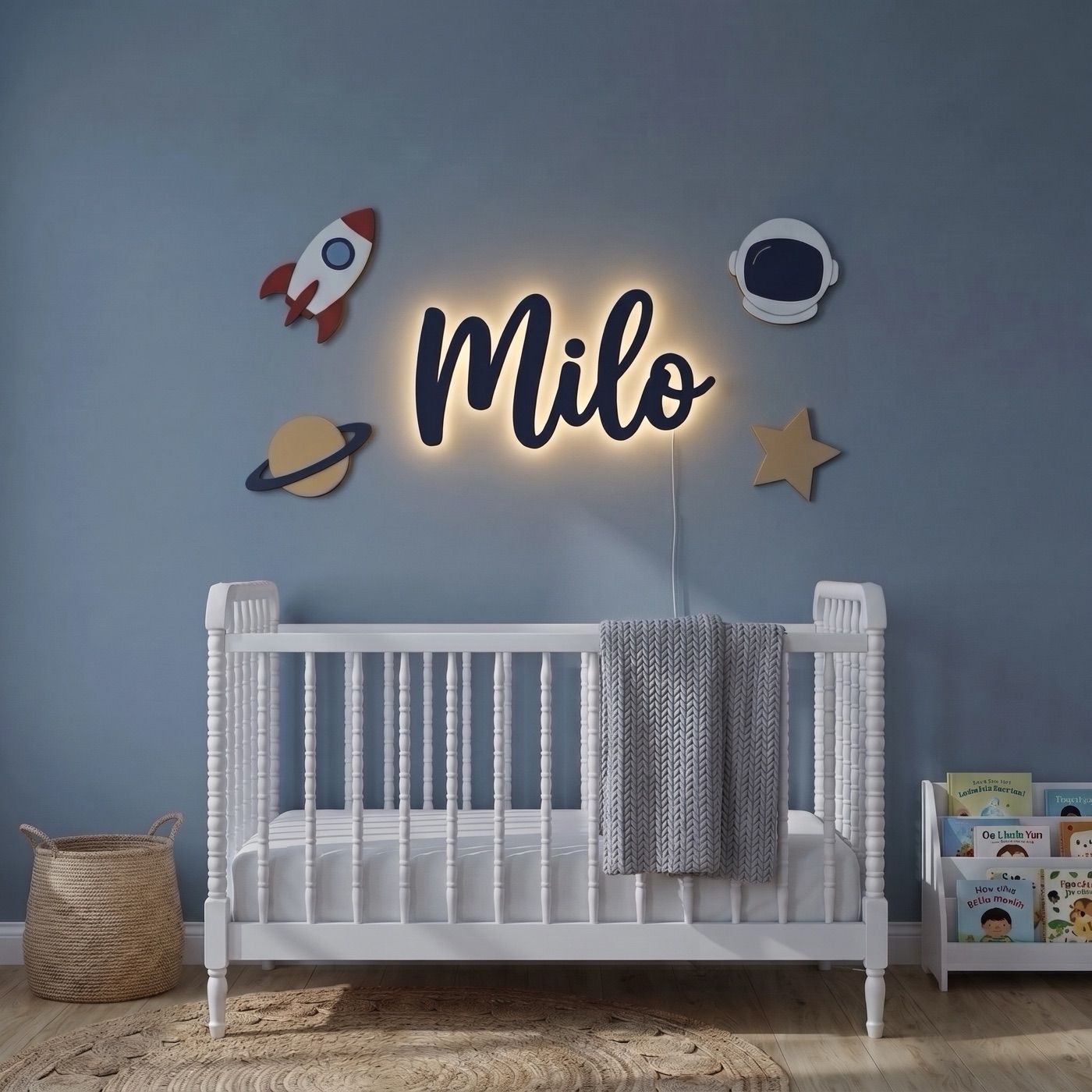 Space sign with the name Milo: with the backlight on